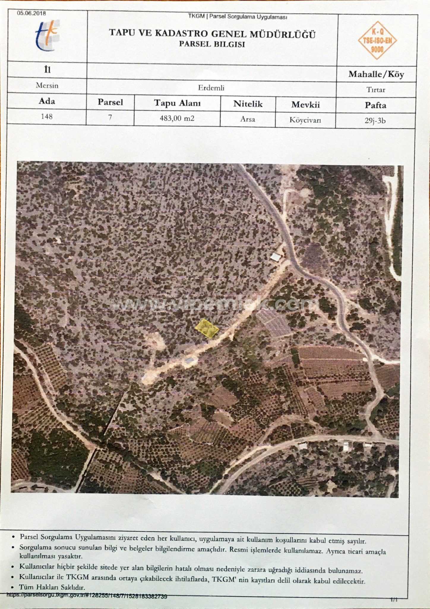 MERSİN ERDEMLİ TIRTAR DA SATILIK 483 M2 ARSA